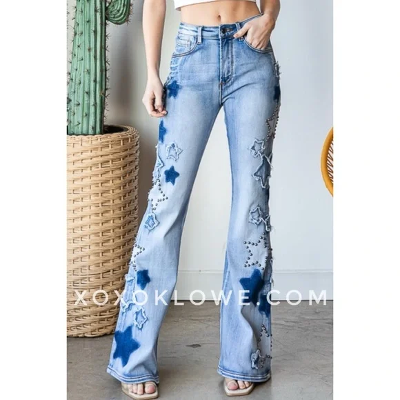 【mahagrid】25SS★ STAR FLARED DENIM PANT Altar'd State Women's Star Power Flare Jeans, Wide Leg Star